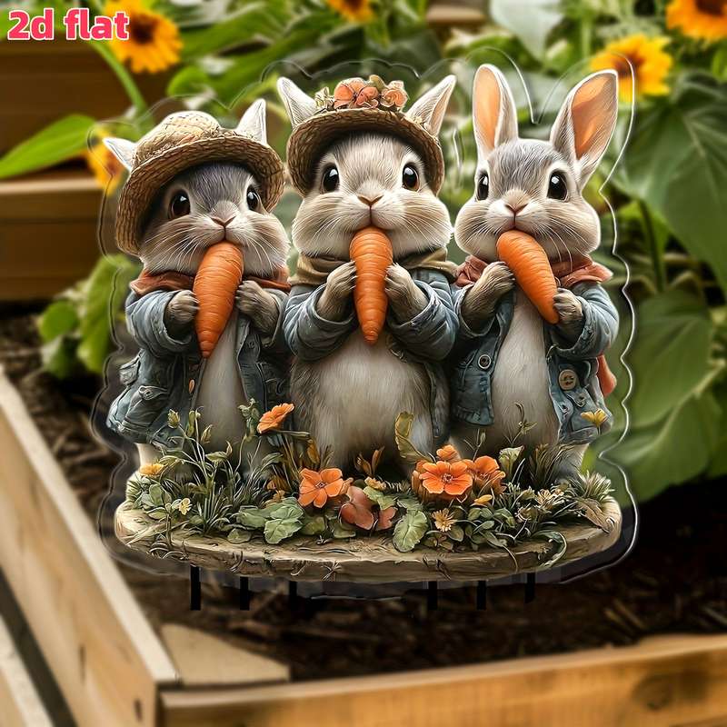 1pc 2D Flat A  Statue of Three Rabbits That Love Carrots Made of Acrylic