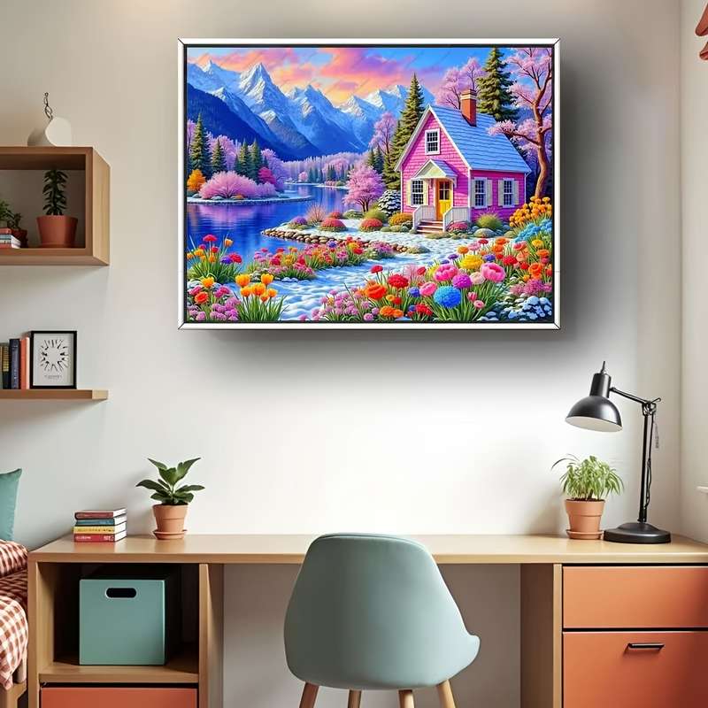 1000pcs Jigsaw Puzzle Serene Pink Cottage Landscape with Vibrant Flowers Snowy Mo