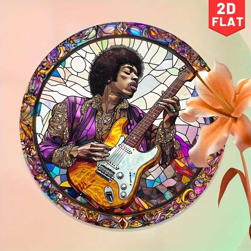 1pc 2D Flat Vintage Guitarist Metal Wall Art 19.99cm Round Iron Sign with Stained Glass Design