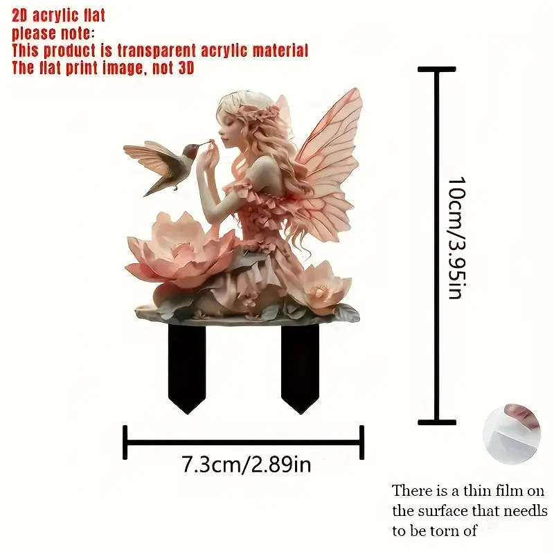 1pc Art Deco Style Acrylic Fairy and Bird Garden Stake Multipurpose 2D Flat Design Decor for Potted