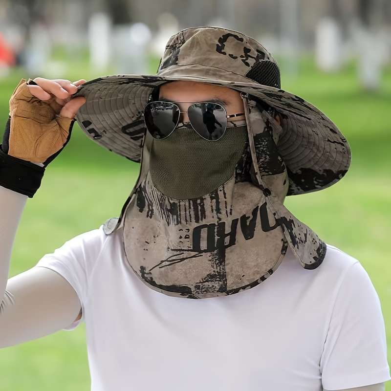 1pc A Men'S Ink Print Full-Face Breathable Sun Hat with Neck Coverage a Removable Bucket Hat Suita