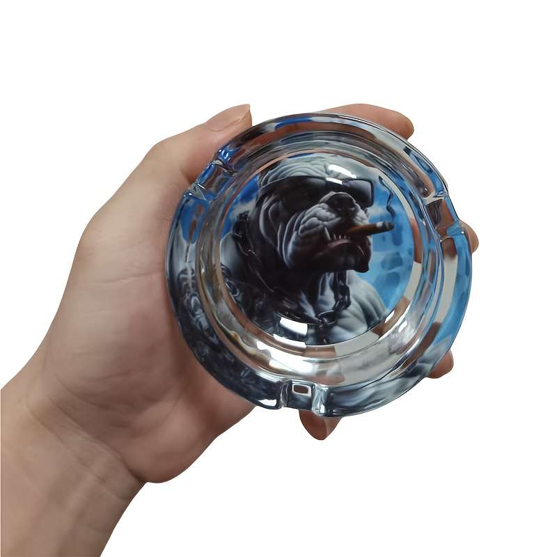 Glass Ashtray Bulldog Design with Fashion Glasses Cigar Illustration Multi-Color Round S