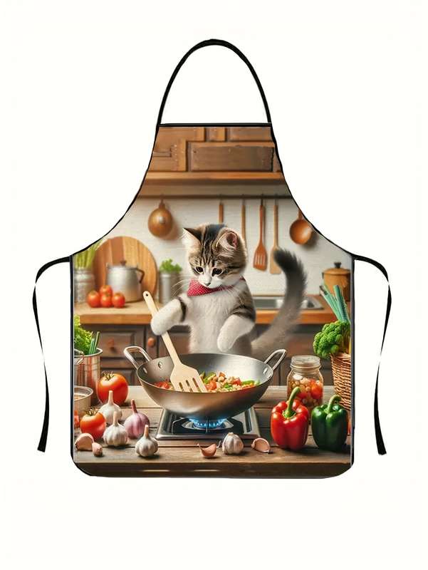 1pc Cartoon Cooking Cat Apron Casual Style 100% Polyester Non-Stretch Fabric Woven 150g m?