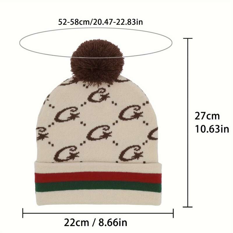1pc Y2K Polyester Knit Beanie Double-Sided Patterned Striped Turn-Up with Pom-Pom Unisex Fash