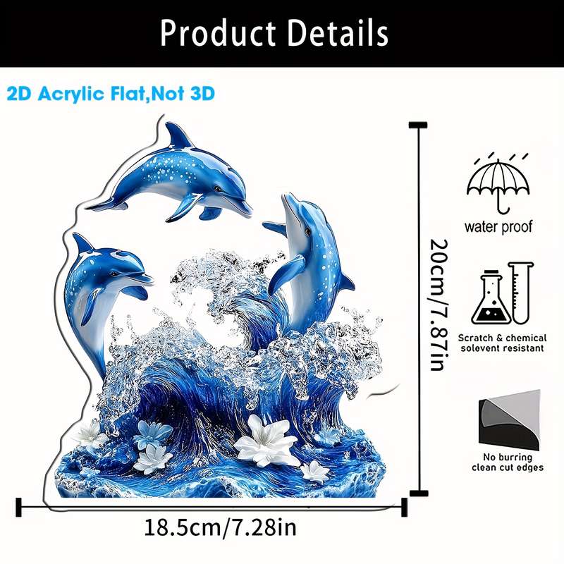 1pc 2D Flat    Printing Blue Three Dolphins Acrylic Display Sign Cafe Bedroom Living Ro