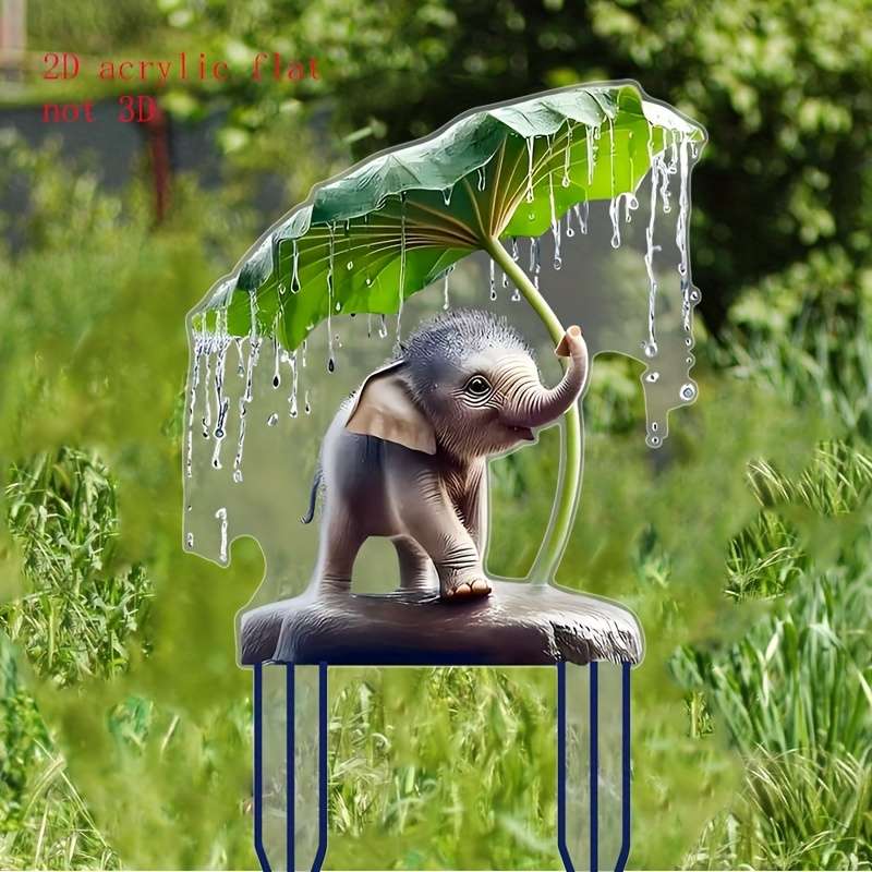 1pc 2D Flat  Charming Youngsters Elephant Under Umbrella  Acrylic Garden Stake Bohemian Style O