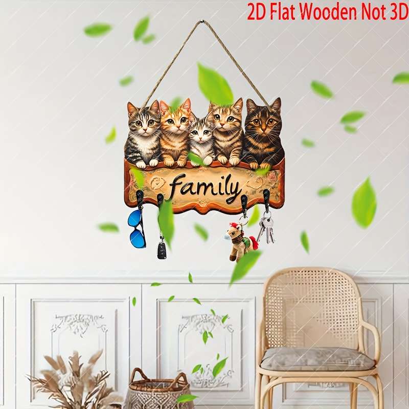 1pc Rustic Wooden "Family" Key Holder with Charming Cat IllustrationsBohemian Style Wall-Mounted