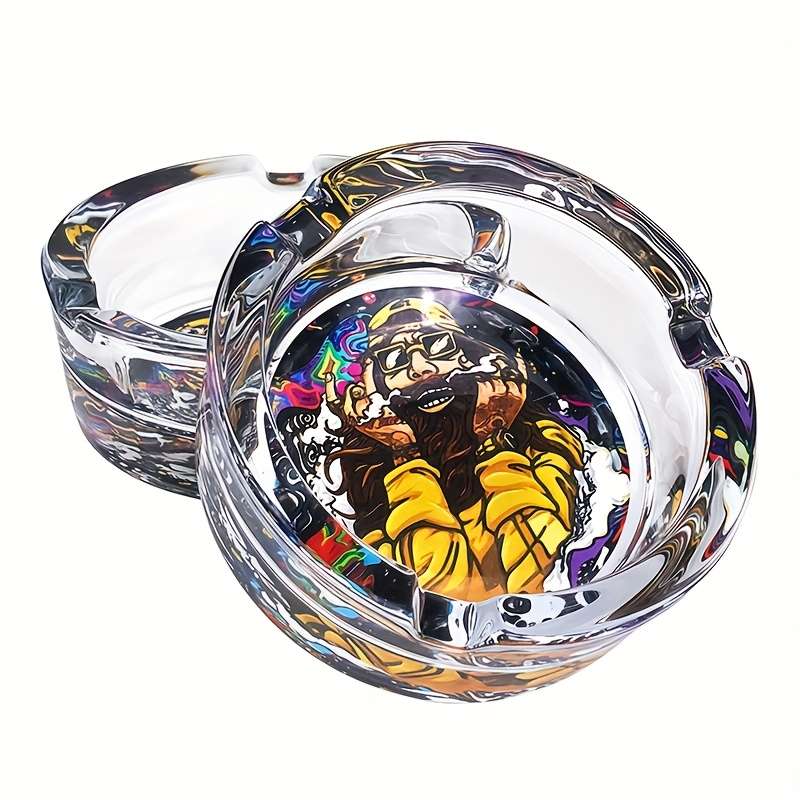 1pc 85mm Round Glass Ashtray with Vibrant Psychedelic Art Design Durable Transparent Ideal for