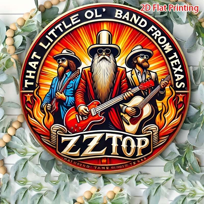 1pc 2D Flat Round 20.32x20.32 cm Vintage ZZ Top Aluminum Round Sign es Fiery Texas Band Desig