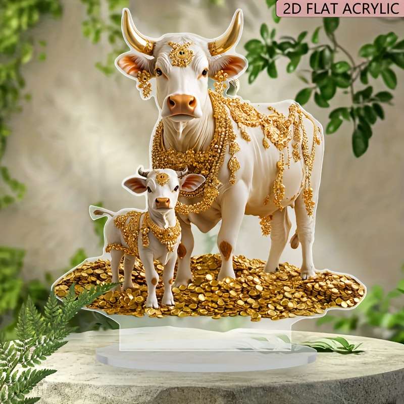 1pc 2D Flat   Boho Style Acrylic Cow Figurine  Animal Theme Tabletop Decor for Home Offi