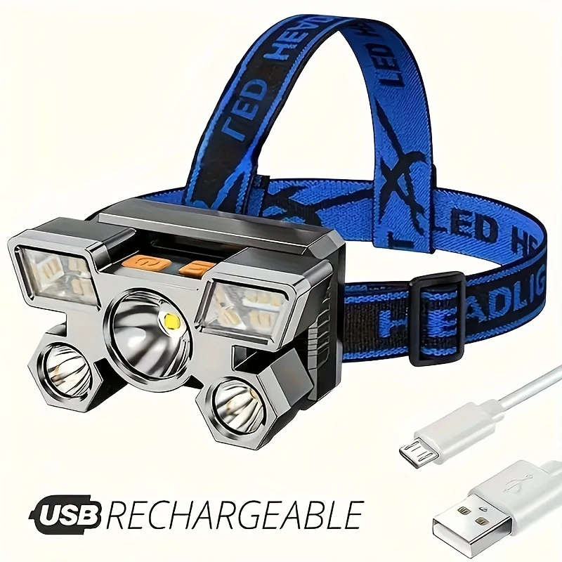 1pc Portable 5LED Headlight USB Rechargeable Suitable for Travel Camping Fishing Hunting Adjustable