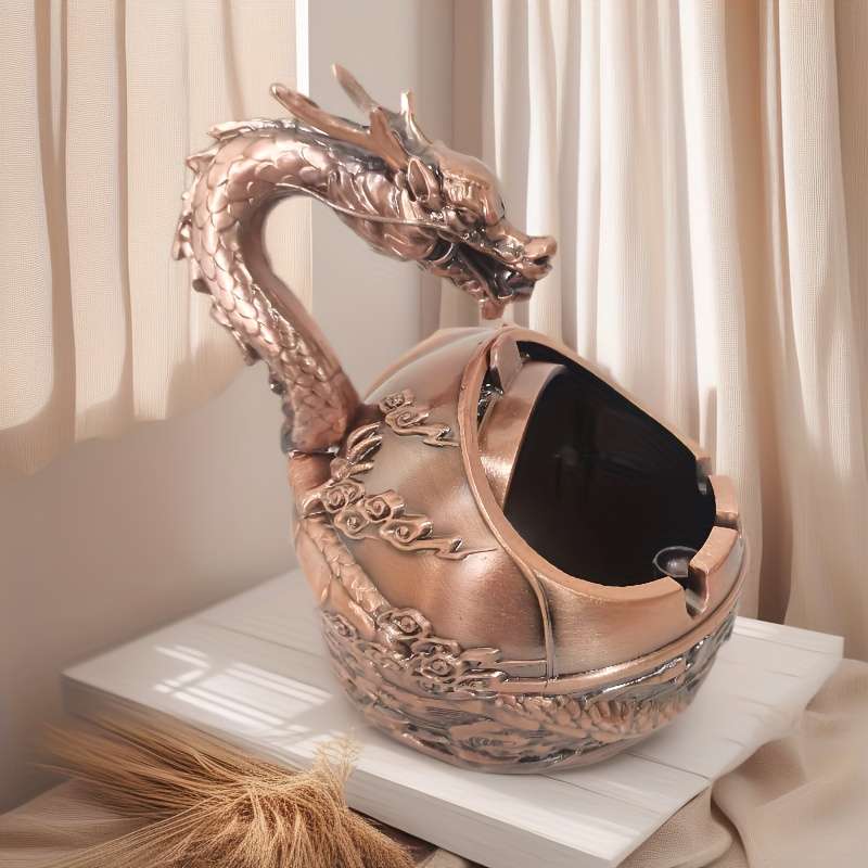 1pc Vintage Dragon Metal Ashtray with Lid Creative Spherical Design Anti-Fly Ash Animal Theme H