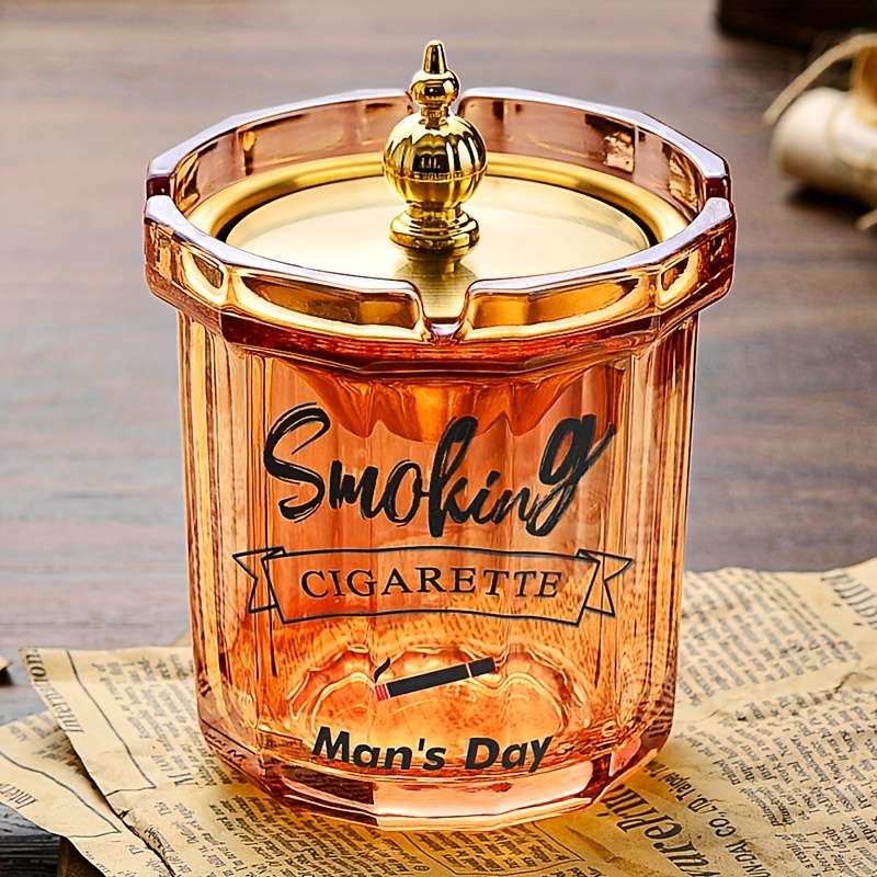 1-Pack Household Ash Tray with Stainless Steel Funnel Anti-Fly Ash Lid Windproof Fashionabl