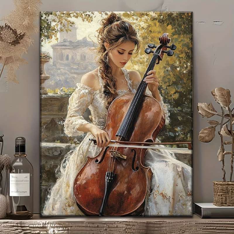 1pc Elegant Cello Player Canvas Art Print with Wood Frame Large Contemporary Musician Wall Decor