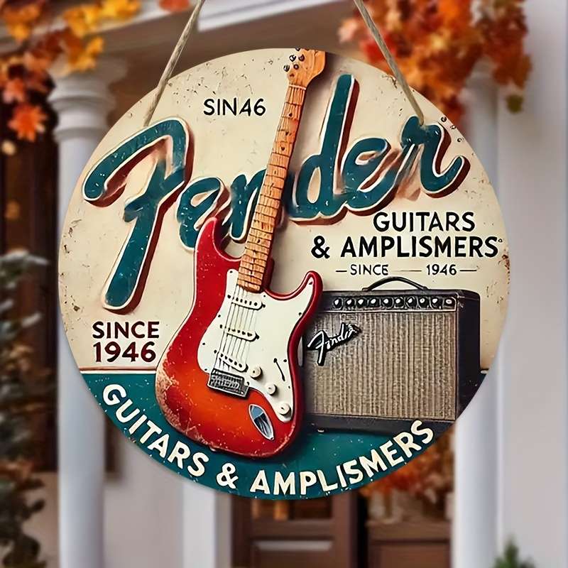 1pc Artistic Flair Vintage Fender Guitars Amplifiers Wooden Wall Art 19.81cm Round Rustic Han