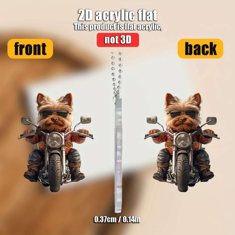 1pc 2D Flat   Yorkshire Terrier Riding Motorcycle  Acrylic Hanging Ornament Flat Design with