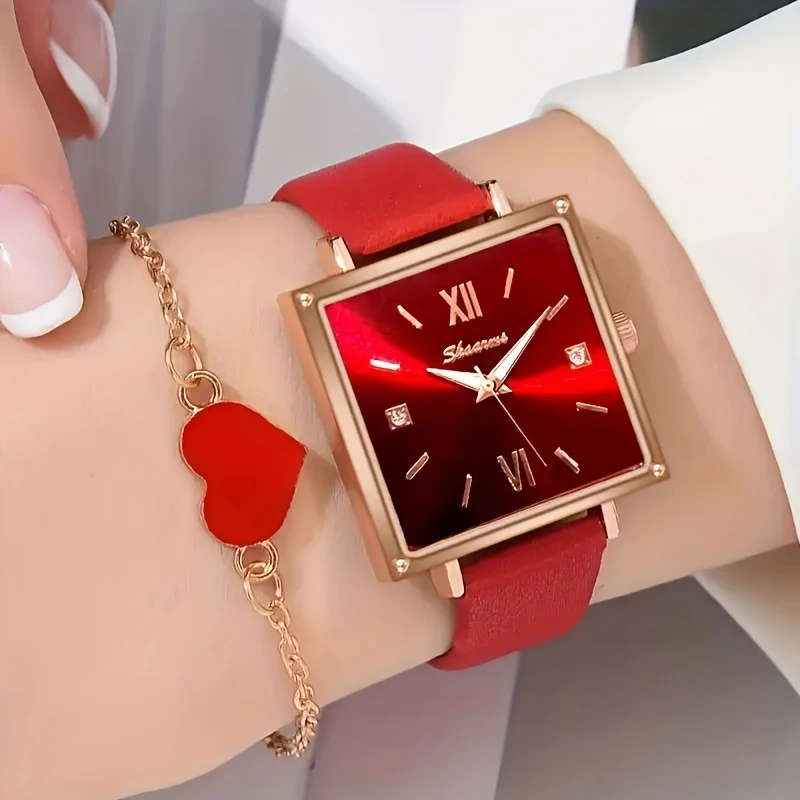 2pcs set Elegant and Fashionable Women's Square Dial PU Leather Strap Quartz Watch Versatile Fashion