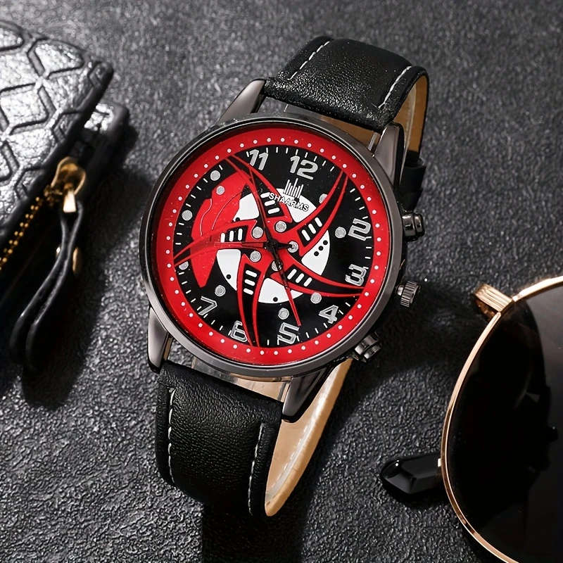 5pcs set Men's Fashion Red Black Quartz PU Leather Watch And Bead Bracelet Set Gift For Him