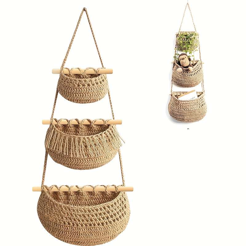 3-Tier Bohemian Chic Wall Hanging Storage Basket Handwoven Rope Organizer with Easy and More