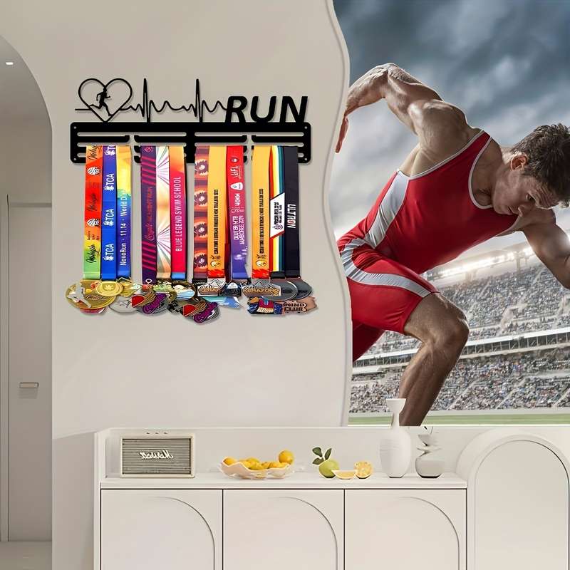 A black iron medal display stand with inspirational sentenceswall-mounted honor medal stand crea