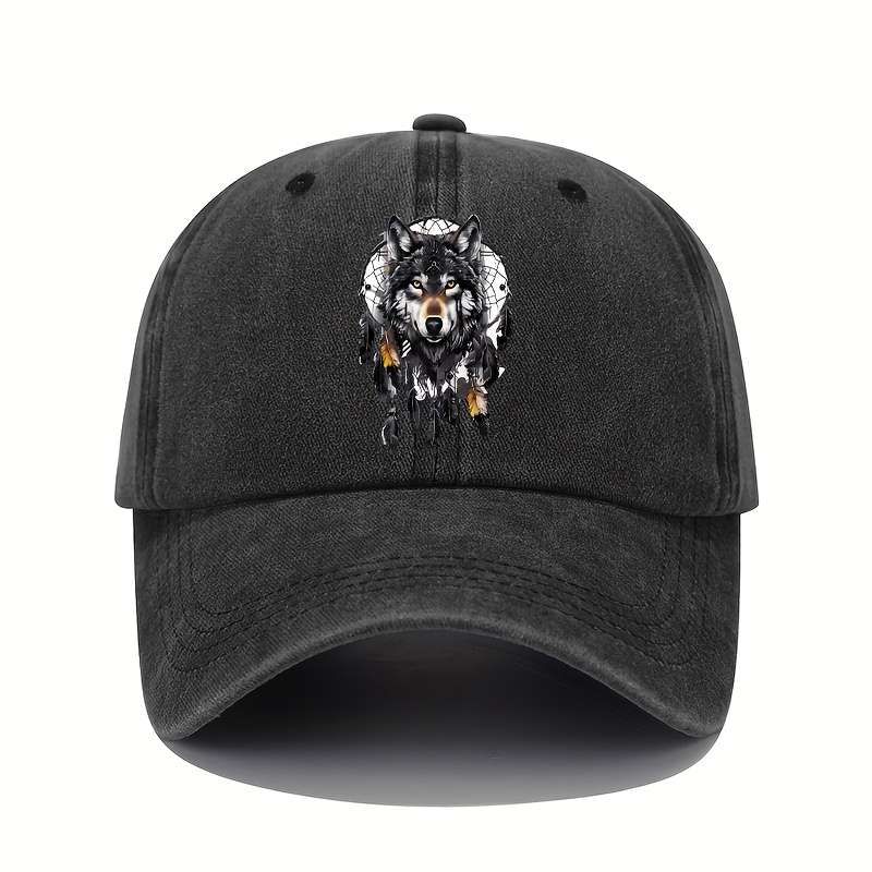 1pc Vintage Washed Cotton Baseball Cap with Wolf Totem Print Adjustable Sun Protection Hat for Al
