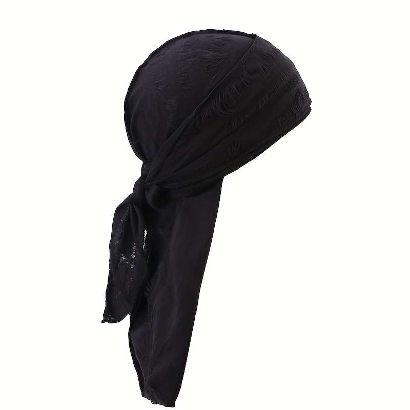 1pc Men'S Vintage Distressed Pirate Hat with Adjustable Ties Black Knit Polyester Rapper Wrap Tur