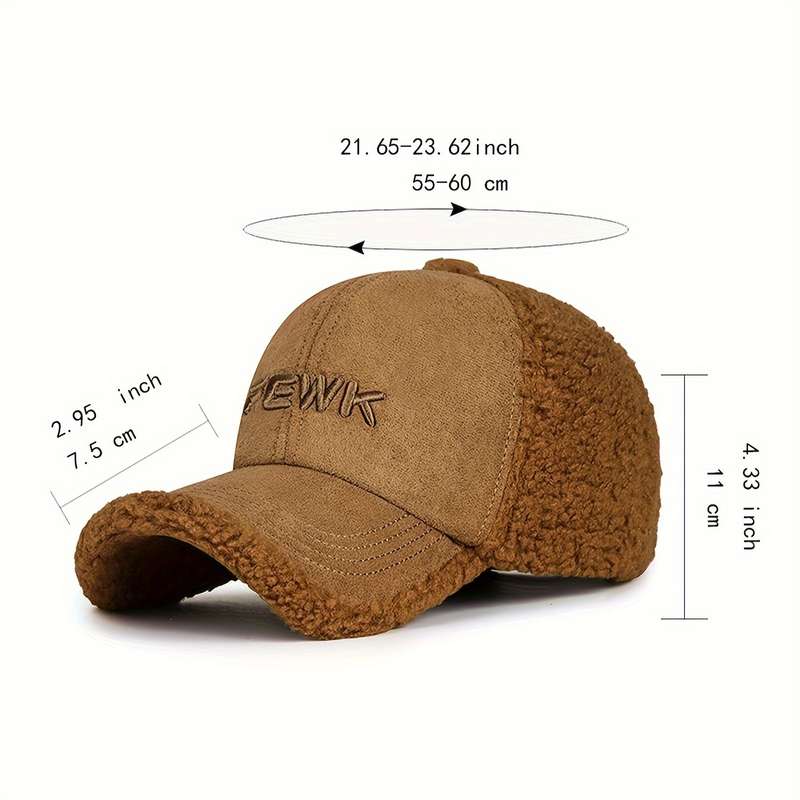 1pc FEWK Embroidered Fleece Baseball Cap Warm Cozy Brown Trucker Hat with Faux Leather Patc