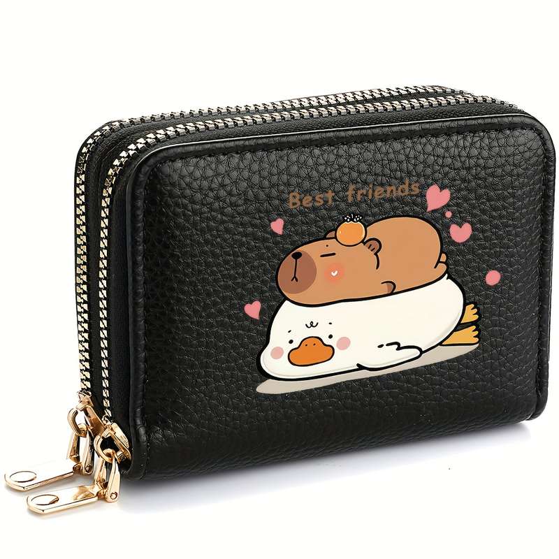 1pc DEABOLAR Cute Capybara Double Zipper Wallet Pink Faux Leather Credit Card Holder with "Be