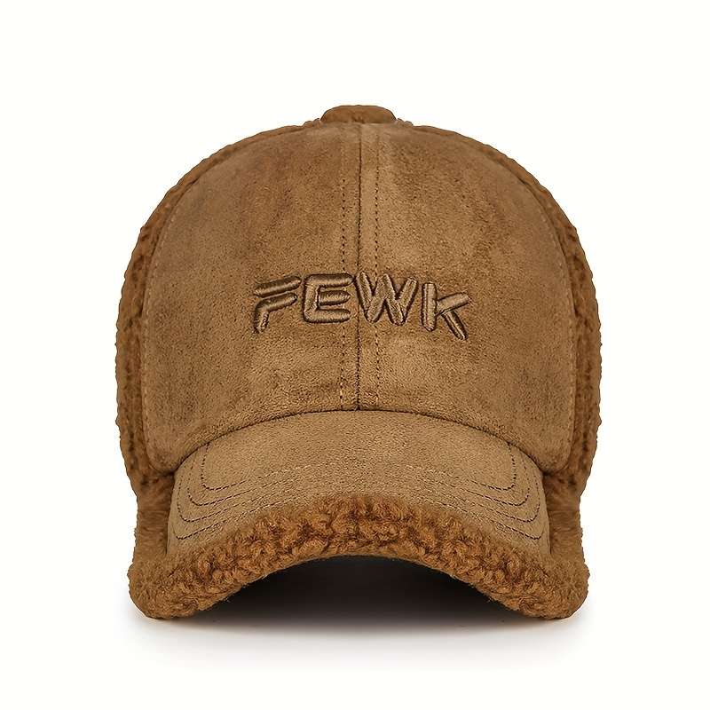 1pc FEWK Embroidered Fleece Baseball Cap Warm Cozy Brown Trucker Hat with Faux Leather Patc