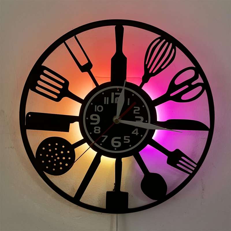 1pc Vintage Kitchen 7 Color LED Lights Vinyl Wall Clock Silent Round Clock with Utensil Design U