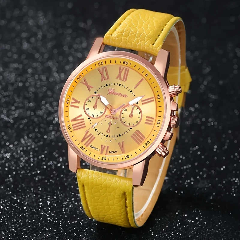 1pc Fashion Quartz Watch Rose Golden Accents White PU Leather Strap Round Dial with Black Numerals