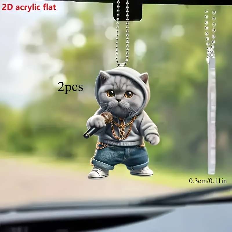 1pc 2D Flat   Acrylic Microphone Blue Cat Car Hanging Pendant for Rearview Mirror Keychain D