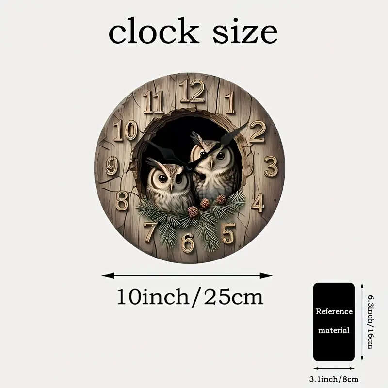 1pc Chic Silent Owl Wall Clock Round Wooden Decorative Timepiece for Living Room Bedroom Office Batt