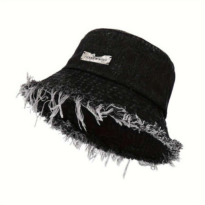 1pc Sun Protection Polyester Bucket Hat with Frayed Edge Design Hand Washable Woven Denim Style Ca
