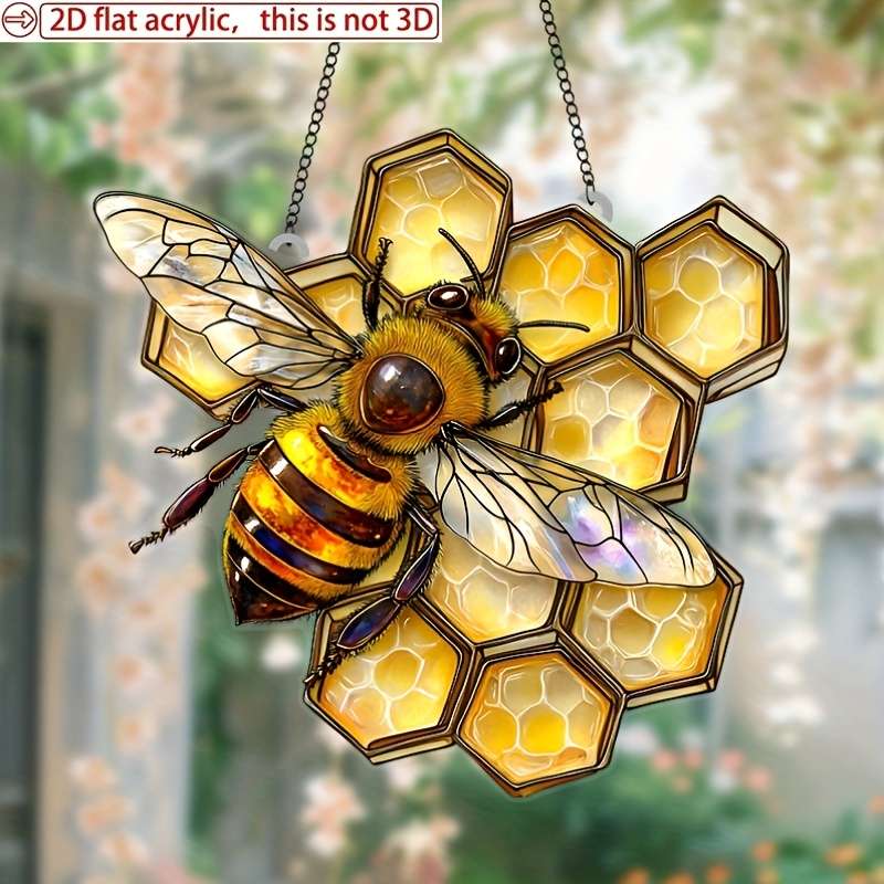 1pc 2D Flat  Acrylic Vibrant Bee Sun Catcher 8"x7.6" Honeycomb Garden Decoration Perfect Gift fo