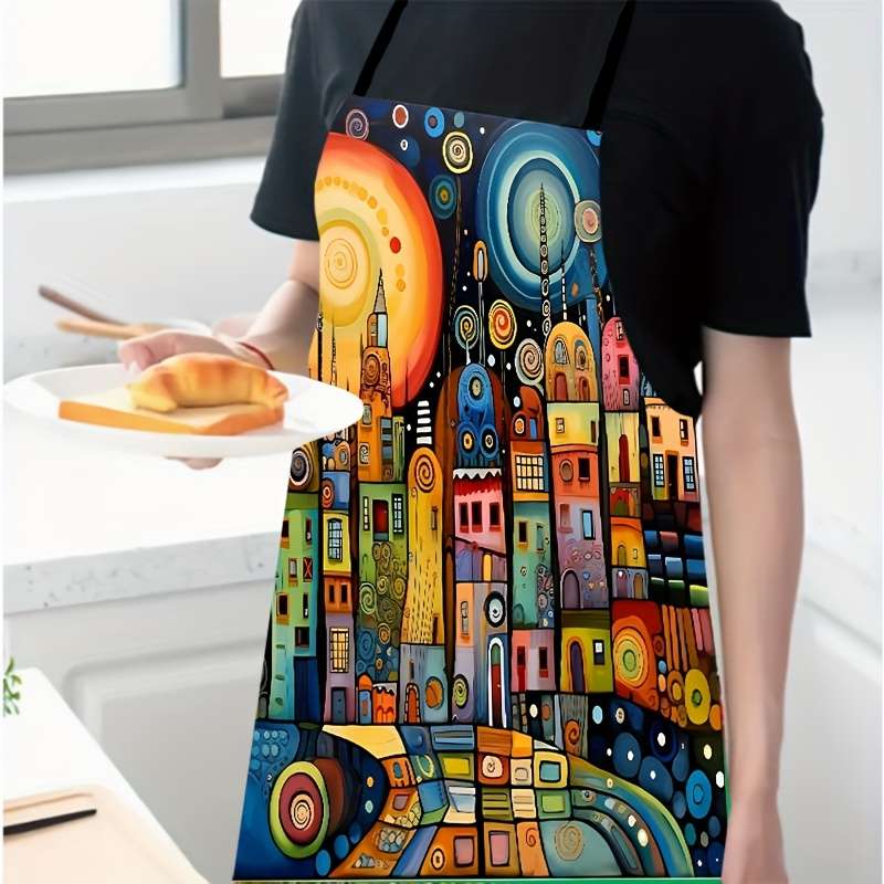 1pc Colorful Art City Pattern Polyester Apron Sleeveless Durable Kitchen Cleaning Bib