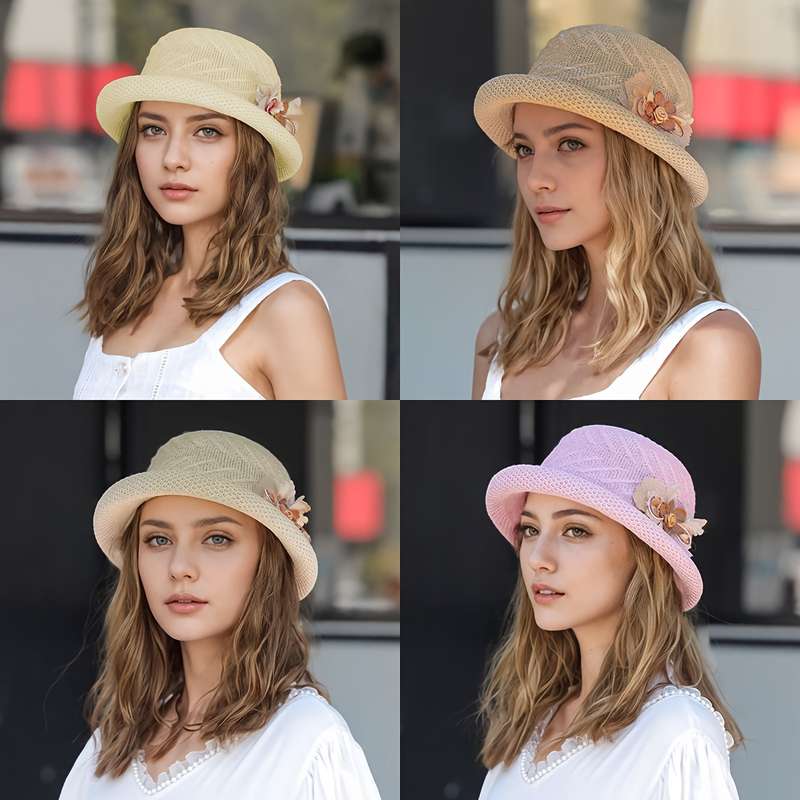 1pc of Women'S Hat Elegant And Fashionable Flower-Decorated Curled-Edge Straw Hat Spring An