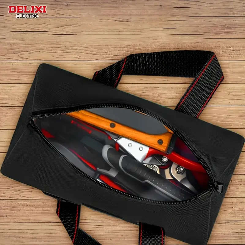 1pc Men's 9.5 Inch Tool Bag Black Oxford Cloth Organizer with Wide Mouth Zipper Large Capacity Porta