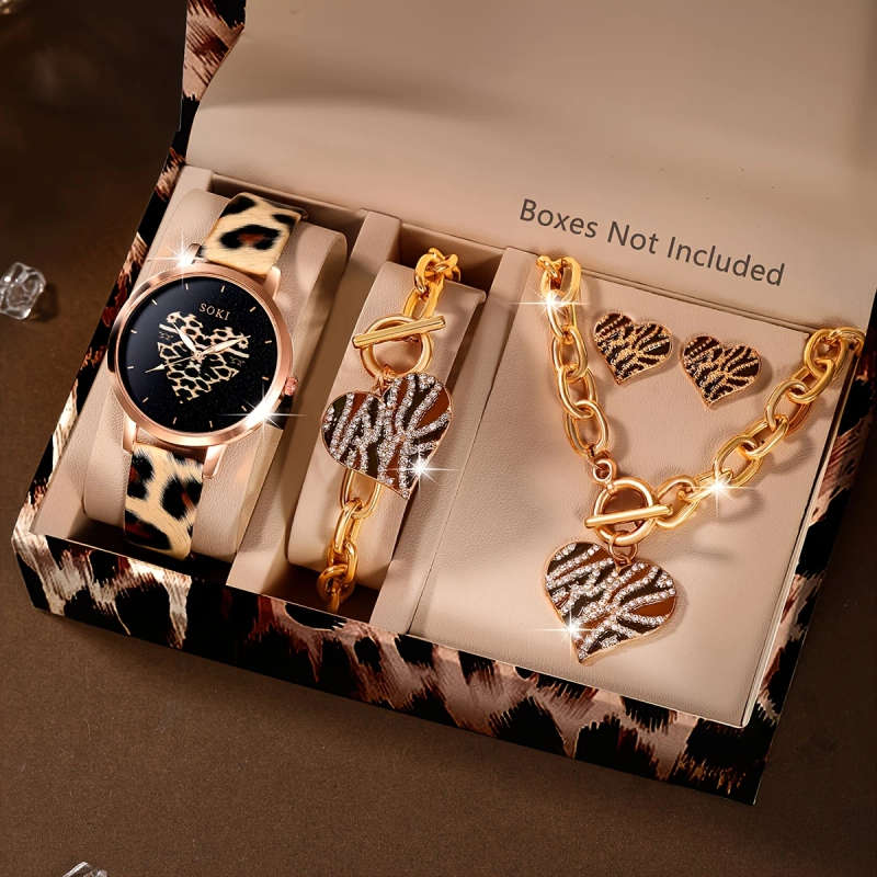 4pcs Set Ladies Watch Necklace Earings Rings Jewelry Set And Rhinestone Decor Quartz Watch Watch
