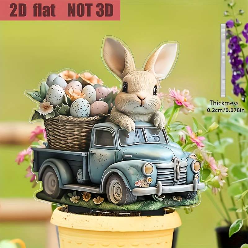 1pc 2D Flat  acrylic charming bunny and retro truck garden piles Easter themed outdoor d