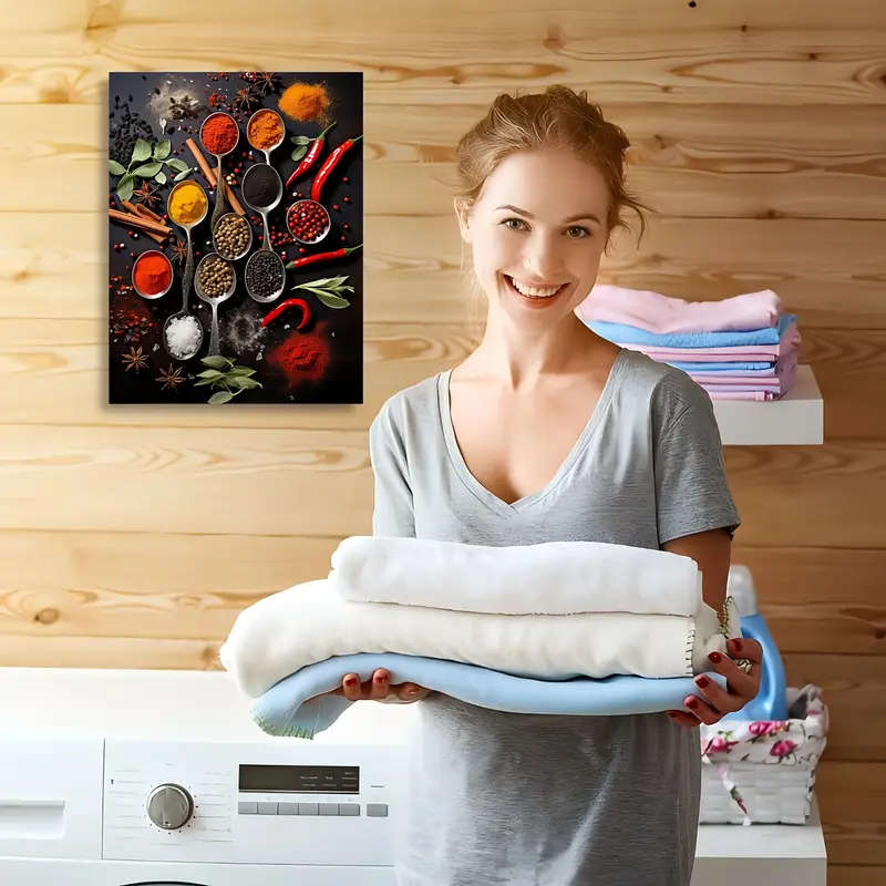 1pc Colorful Cooking Spices Canvas Wall Art Wooden Framed Print for Kitchen Living Room Bedroom Deco