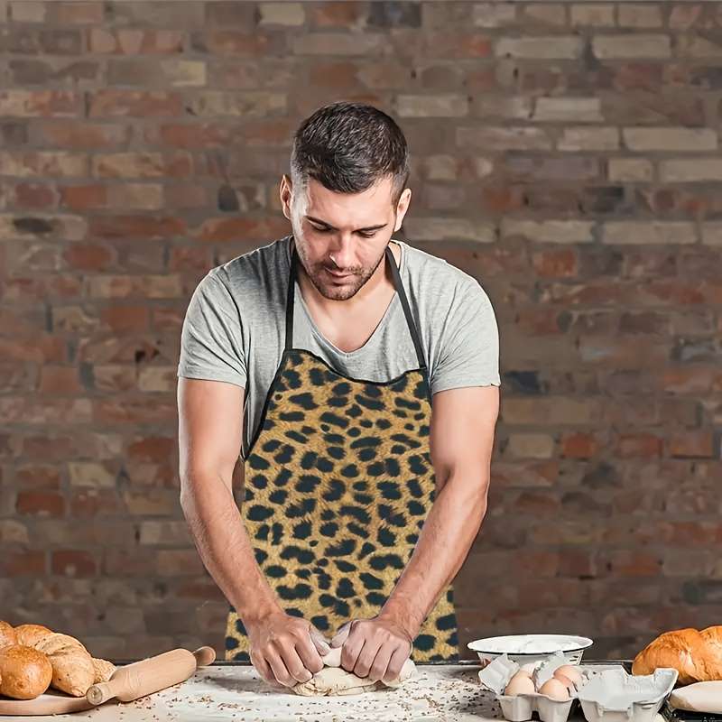 1pc Wild Cat Print Polyester Kitchen Apron Stylish Black Golden Leopard Design Durable Easy-