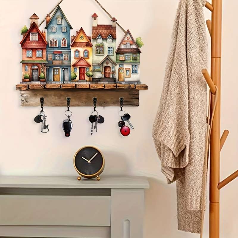 1pc Rustic Wooden Key Hanger with 4 Metal HooksColorful Village Scene Wall Decor 30.0cm x 22.68c