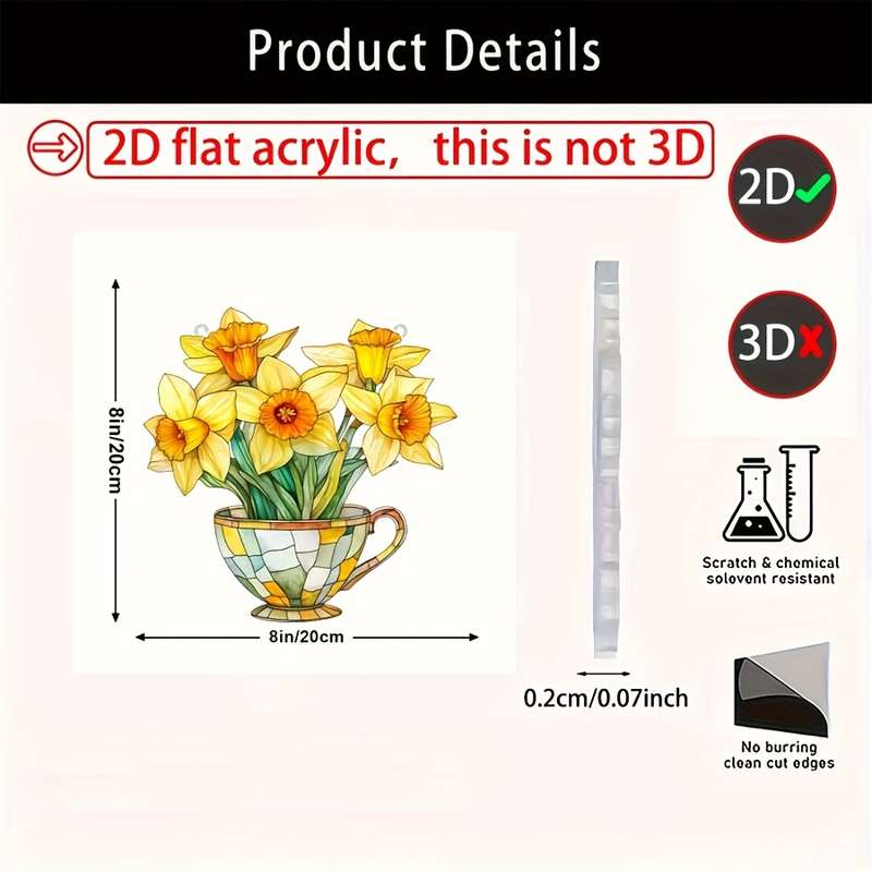 1pc 2D Flat  20.32cm x 20.32cm Acrylic Daffodil Tea Cup Wall Hanging Vibrant Yellow Orange Flora