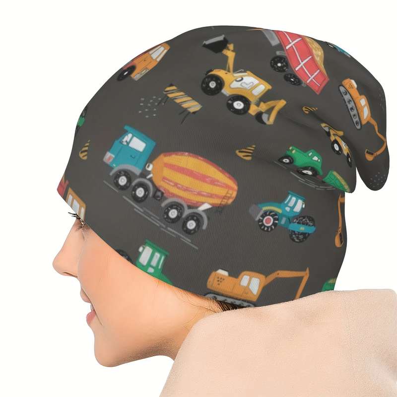 1pc Cute Cartoon Construction Vehicles Knit Cap for Men Elastic Bandeau Hat Lightweight Polyester
