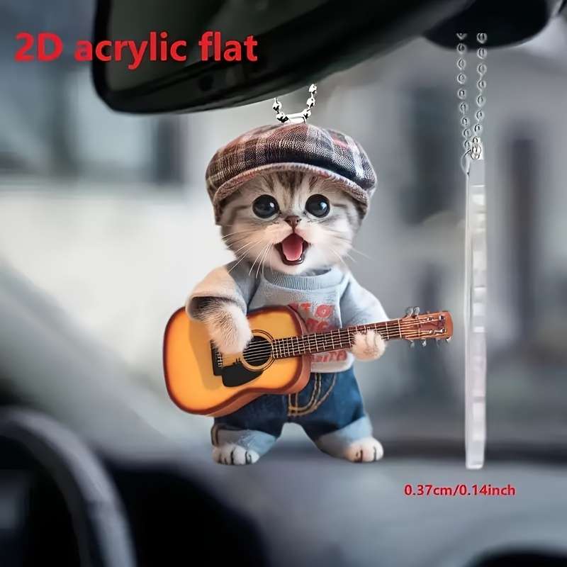 1pc 2D Flat  Charming Acrylic Guitar Cat Car Mirror Charm Decorative Art Pendant for Home Vehicl