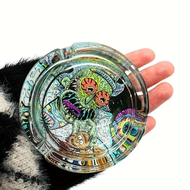 1pc Vibrant Round Glass Ashtray with Colorful Psychedelic Patterns Transparent Smokeless C