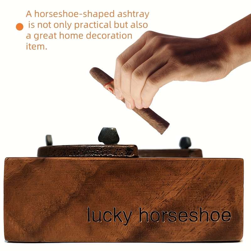 1pc Lucky Horseshoe Wooden Cigar Ashtray with Intricate Carved Floral Design Rustic Cowboy De