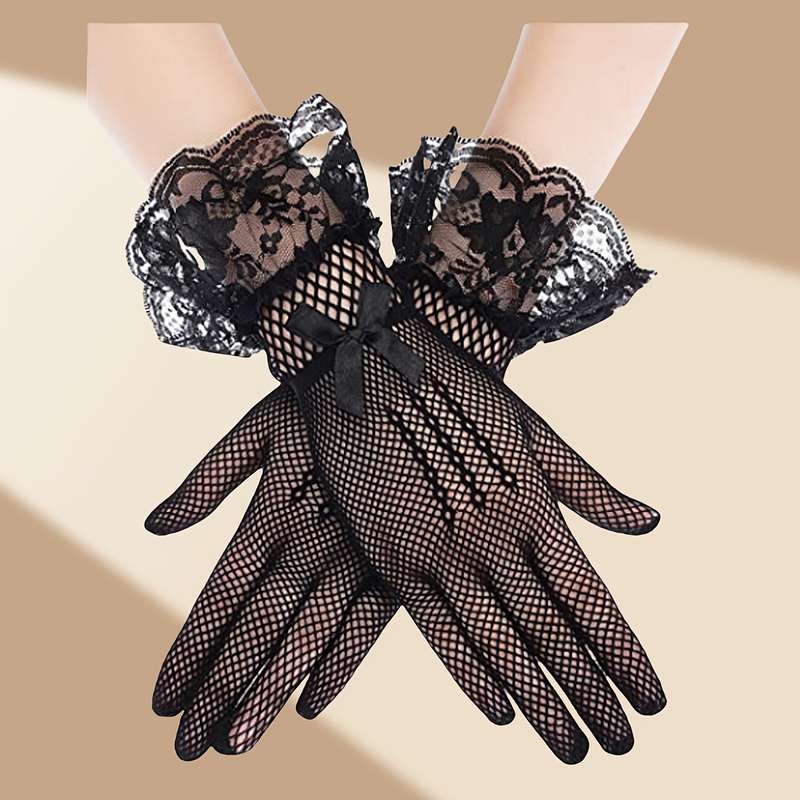 1 Pair Black One Size Lace Fishnet Gloves
