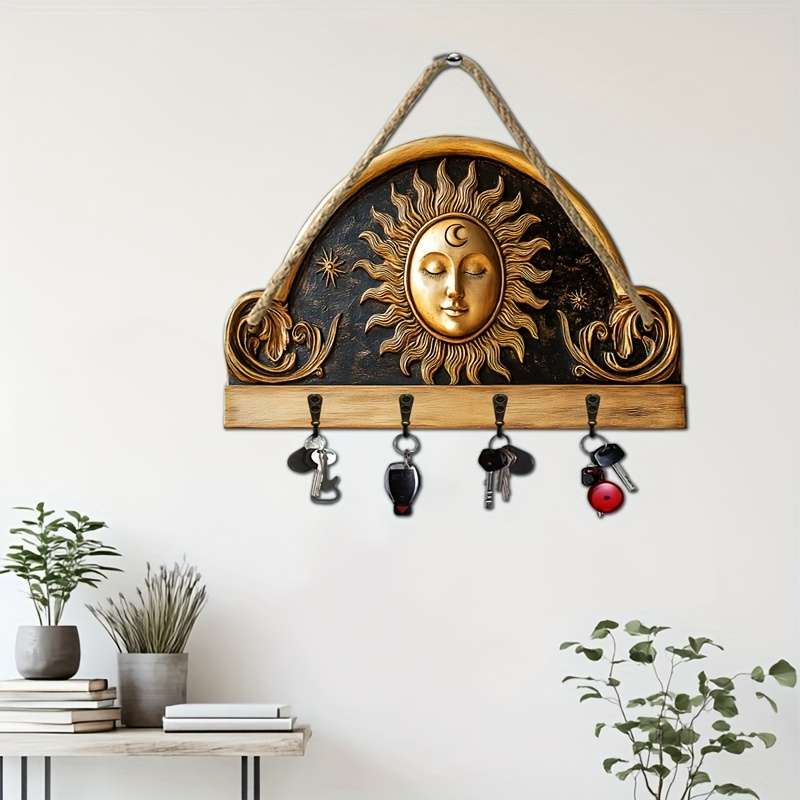 2D Flat 1pc Sun and Moon God Statue Simple Colored Wooden and Home Key Hanger with Four Metal Ho
